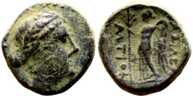 Antiochos III The Great (Seleukid King: 223-187 BC). AE bronze. Obv.: Diademed head of Apollo Rev.: Standing Nike, holding palm