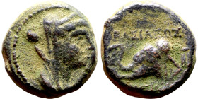 Antiochus IV Epiphanes (Seleukid King: 175-172 BC). AE bronze. Obv.: Veiled, diademed bust of Laodice IV right Rev.: Elephant head left, to r. Tripod