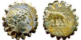 Antiochos VI Dionysos (Seleukid King: 145-141 BC). AE bronze. Obv.: radiate and wreathed head r. Rev.: elephant standing l., holding torch with trunk;...