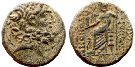 SYRIA. Antioch. Civic issue (100-1 BC). AE bronze. Obv: laureate head of Zeus, r. Rev: ΑΝΤΙΟΧΕΩΝ ΤΗΣ ΜΗΤΡΟΠΟΛΕΩΣ; Zeus seated l., holding Nike and sce...