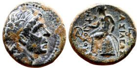 Antiochos III The Great (Seleukid King: 223-187 BC). AE bronze. Obv.: Laureate head of Apollo Rev.: Apollo seated left on omphalos, testing arrow and ...