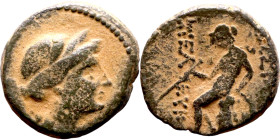 Antiochos III The Great (Seleukid King: 223-187 BC). AE bronze. Obv.: Laureate head of Apollo Rev.: Apollo seated left on omphalos, testing arrow and ...