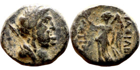 Antiochos IV Epiphanes (Seleukid King: 121-96 BC). AE bronze. Obv.: Laureate bust of Zeus right, of archaizing style, with long beard, hair rolled beh...