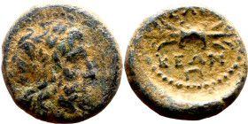 Hellenistic period coin (4-1 century BC) AE Bronze. Obverse: Bust of Zeus Reverse: Thunderbolt