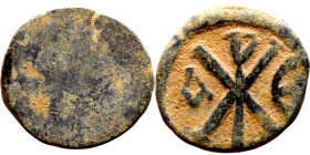 Justin I (518-527) Pentanummium. Obverse: D N IVSTINVS P P AVG, diademed, draped, and cuirassed bust right Reverse: Chi-rho