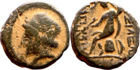 Antiochos III The Great (Seleukid King: 223-187 BC). AE bronze. Obv.: Laureate head of Apollo Rev.: Apollo seated left on omphalos, testing arrow and ...
