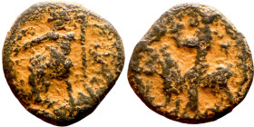 Hellenistic period coin (4-1 century BC) AE Bronze. Obverse: zeus sitting on a throne Reverse: Rider on horseback
