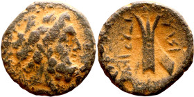 Hellenistic period coin (4-1 century BC) AE Bronze. Obverse: Bust of Zeus Reverse: Galley