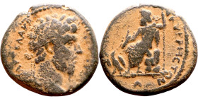Marcus Aurelius (161-180) bronze. Obv: Bust of emperor. Rev: Jupiter seated on throne holds thunderbolt and scepter