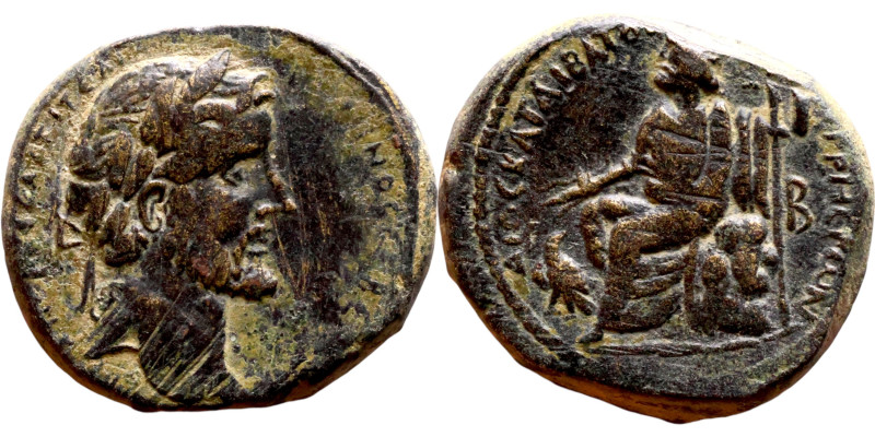 Antoninus Pius (138-161) bronze. Obv: Bust of emperor. Rev: Jupiter seated on th...