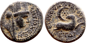Roman Syria: Antioch ( I century BC), bronze. Obverse: Bust of Tyche Reverse: leaping ram