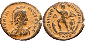 Gratianus (375-383 AD). Follis. Obv.: D N GRATIANVS P F AVG. Diademed, helmeted, draped, and cuirassed bust right, holding spear and shield. Rev.: The...