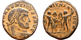 Maxentius Follis Obv: IMPCMAXENTIVSPFAVG - Laureate head right. Rev: CONSERVVRBSVAE Exe: R*T - Temple with six columns; Roma seated within, holding gl...