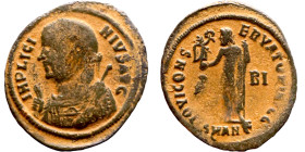 Licinius I (308-324) Follis. Obverse: IMP LICI-NIVS AVG, Laureate draped bustt, with globe, sceptre and mappa Reverse: IOVI CONSERVATORI AVGG, Jupiter...