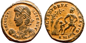 Constans (337-350) Follis. Obverse: DN CONSTANS PF AVG, pearl diademed, draped, cuirassed bust left, holding globe. Reverse: FEL TEMP REPARATIO, helme...