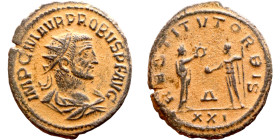 Probus (276-282 AD). Antoninianus. Obv.: IMP C PROBVS P F AVG - Radiate, draped and cuirassed bust right. Rev.: RESTITVT ORBIS - Woman standing right ...