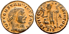 Constantinus I (306-337 AD) Follis. Obv: Laureate bust Rev: IOVI CONSERVATORI AVGG . Jupiter standing and holding Victoria on globe ; eagle at his fee...