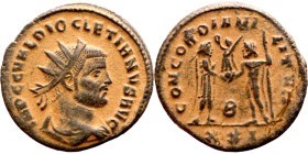 Diocletian (284-294 AD). Antoninianus. Obv.: IMP C C VAL DIOCLETIANVS AVG Bust of Diocletian, radiate, draped, right. Rev.: CONCORDIA MILITVM• Dioclet...