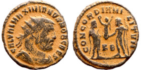 Maximianus. (286-305 AD). Æ Antoninian. Obv: IMP C M A MAXIMIANVS P F AVG. radiate cuirassed bust of Maximianus right. Rev: CONCORDIA MILITVM. Jupiter...