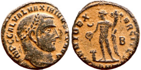 Maximinus II Daia (305-313) follis. Obv: IMP C GAL VAL MAXIMINVS P F AVG Bust of emperor. Rev: GENIO EXERCITVS, Genius standing left by altar, modius ...