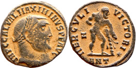 Maximinus II Daia (305-313) follis. Obv: IMP C GAL VAL MAXIMINVS P F AVG Bust of emperor. Rev: HERCVLI VICTORI, standing hercules, propping himself up...