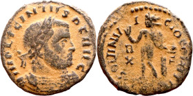 Licinius I. (308-324 AD) Follis. Obv: IMP LICINIVS P F AVG. laureate bust of Licinius right. Rev: SOLI INVICTO COMITI. Standing Sol