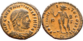 Constantinus I (307-337 AD). Follis. Obv: IMP CONSTANTINVS PF AVG. laureate bust of Constantinus left. Rev: SOLI INVICTO COMITI. Sol standing left hol...