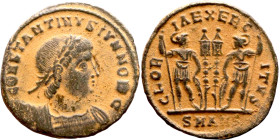 Constantinus II (Caesar:317-337) Follis. Obverse: CONSTANTINVS IVN NOB C, Laureate, draped, cuirassed bust right. Reverse: GLORIA EXERCITVS, two Soldi...