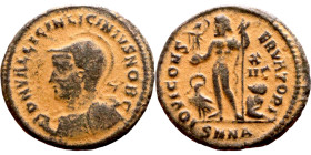 Licinius II (317-324 AD).AE follis. Obv.: D N VAL LICIN LICINIVS NOB C, helmeted and cuirassed with spear across shoulder and shield bust left. Rev.: ...