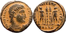 Constantinus I (307-337) Follis. Obverse: CONSTANTI-NVS MAX AVG, diademed, draped, cuirassed bust right. Reverse: GLORIA EXERCITVS, two Soldiers stand...