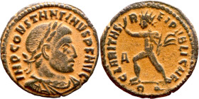 Constantinus I (307-337 AD). Follis. Obv: IMP CONSTANTINVS PF AVG. laureate bust of Constantinus left. Rev: SOLI INVICTO COMITI. Sol standing left hol...