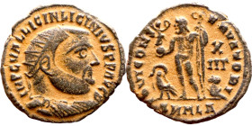 Licinius I. (308-324 AD) Follis. Obv: IMP C VAL LICIN LICINIVS P F AVG. laureate bust of Licinius right. Rev: IOVI CONSERVATORI. Jupiter standing and ...