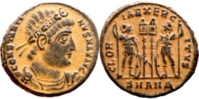 Constantinus I (307-337) Follis. Obverse: CONSTANTI-NVS MAX AVG, diademed, draped, cuirassed bust right. Reverse: GLORIA EXERCITVS, two Soldiers stand...