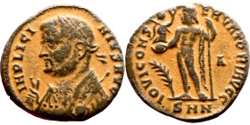 Licinius I (308-324) Follis. Obverse: IMP LICI-NIVS AVG, Laureate draped bustt, with globe, sceptre and mappa Reverse: IOVI CONSERVATORI AVGG, Jupiter...