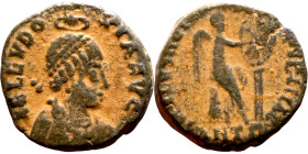 Aelia Eudoxia. (401-403 AD). Follis. Obv: AEL EVDOXIA AVG. Pearl-diademed, draped bust right with necklace. Rev: SALVS REI-PVBLICAE, Victory seated ri...