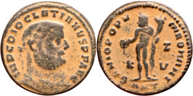 Diocletian (285-305 AD). AE follis. Obv.: IMP C DIOCLETIANVS P F AVG - Laureate head right. Rev.: GENIO POPVLI ROMANI - Genius standing left pouring l...