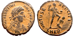 Valentinian I (364 -375)I, Follis. Obv: DN VALENTINIANVS PF AVG, diademed, draped, bust right. Rev: VIRTVS EXERCITI Emperor standing right, holding la...