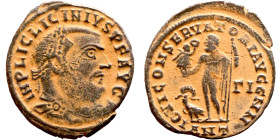 Licinius I. (308-324 AD) Follis. Obv: IMP LIC LICINIVS P F AVG. laureate bust of Licinius right. Rev: IOVI CONSERVATORI. Jupiter standing and holding ...