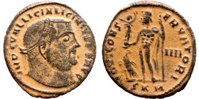 Licinius I. (308-324 AD) Follis. Obv: IMP LIC LICINIVS P F AVG. laureate bust of Licinius right. Rev: IOVI CONSERVATORI. Jupiter standing and holding ...