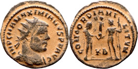 Maximianus. (286-305 AD). Æ Antoninian. Obv: IMP C M A MAXIMIANVS P F AVG. radiate cuirassed bust of Maximianus right. Rev: CONCORDIA MILITVM. Jupiter...