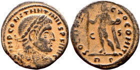 Constantinus I (307-337 AD). Follis. Obv: IMP CONSTANTINVS PF AVG. laureate bust of Constantinus left. Rev: SOLI INVICTO COMITI. Sol standing left hol...