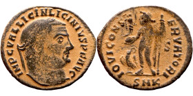 Licinius I. (308-324 AD) Follis. Obv: IMP LIC LICINIVS P F AVG. laureate bust of Licinius right. Rev: IOVI CONSERVATORI. Jupiter standing and holding ...