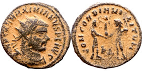 Maximianus. (286-305 AD). Æ Antoninian. Obv: IMP C M A MAXIMIANVS P F AVG. radiate cuirassed bust of Maximianus right. Rev: CONCORDIA MILITVM. Jupiter...