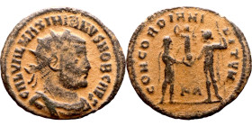 Maximianus. (286-305 AD). Æ Antoninian. Obv: IMP C M A MAXIMIANVS P F AVG. radiate cuirassed bust of Maximianus right. Rev: CONCORDIA MILITVM. Jupiter...