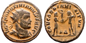 Maximianus. (286-305 AD). Æ Antoninian. Obv: IMP C M A MAXIMIANVS P F AVG. radiate cuirassed bust of Maximianus right. Rev: CONCORDIA MILITVM. Jupiter...
