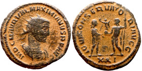 Maximianus. (286-305 AD). Æ Antoninian. Obv: IMP C M A MAXIMIANVS P F AVG. radiate cuirassed bust of Maximianus right. Reverse: IOV ET HERCV CONSER AV...