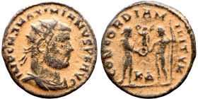 Maximianus. (286-305 AD). Æ Antoninian. Obv: IMP C M A MAXIMIANVS P F AVG. radiate cuirassed bust of Maximianus right. Rev: CONCORDIA MILITVM. Jupiter...