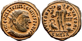 Licinius I. (308-324 AD) Follis. Obv: IMP LIC LICINIVS P F AVG. laureate bust of Licinius right. Rev: IOVI CONSERVATORI. Jupiter standing and holding ...