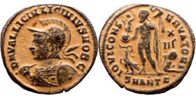 Licinius II (317-324 AD).AE follis. Obv.: D N VAL LICIN LICINIVS NOB C, helmeted and cuirassed with spear across shoulder and shield bust left. Rev.: ...