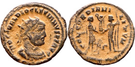 Diocletian (284-294 AD). Antoninianus. Obv.: IMP C C VAL DIOCLETIANVS AVG Bust of Diocletian, radiate, draped, right. Rev.: CONCORDIA MILITVM• Dioclet...